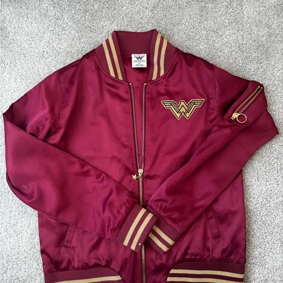 Wonder Woman Satin Bomber Jacket - Burgundy with Gold Trim - Picture 2 of 4
